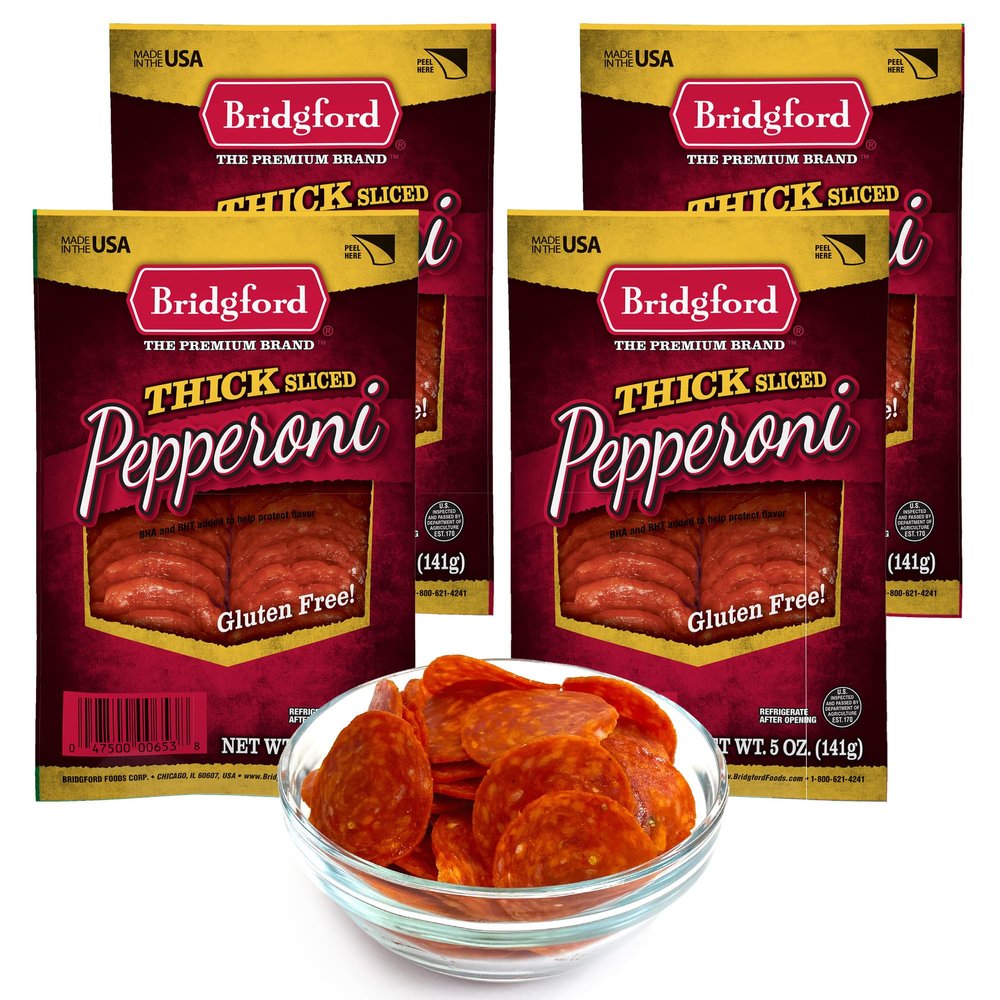 Bridgford Thick Sliced Pepperoni 5 oz Pack of 4 - Thick Pepperoni Slices for Pizza and Sandwiches - Zero-Carb Thick Sliced Pepperoni for Keto Diets - Ready-to-Eat Thick Pepperoni Slices for Snacking