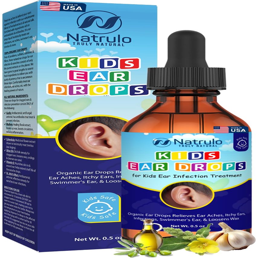 Natrulo Natural Ear Drops for Kids Ear Infection Treatment  Organic Children Ear Oil Drops Relieves Ear Aches, Itchy Ears, Infections, Swimmer's Ear, & Loosens Wax  Kids Safe, Made in USA