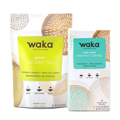 Waka  Instant Coffee and Tea Bundle  Unsweetened Green Tea  Single-Serve Ethiopian Dark Roast Box Bundle