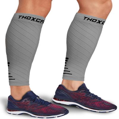 Thoxcare Calf Compression Sleeve for Men Women (1 Pair), Leg Support Footless Compression Socks for Running - Shin Splint Varicose Veins Swelling & Pain Relief, Gray/Black, Large