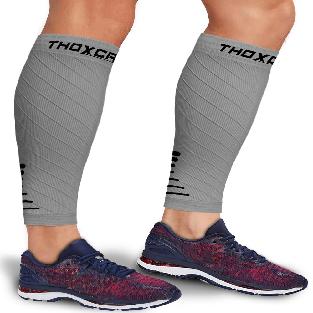 Thoxcare Calf Compression Sleeve for Men Women (1 Pair), Leg Support Footless Compression Socks for Running - Shin Splint Varicose Veins Swelling & Pain Relief, Gray/Black, Large