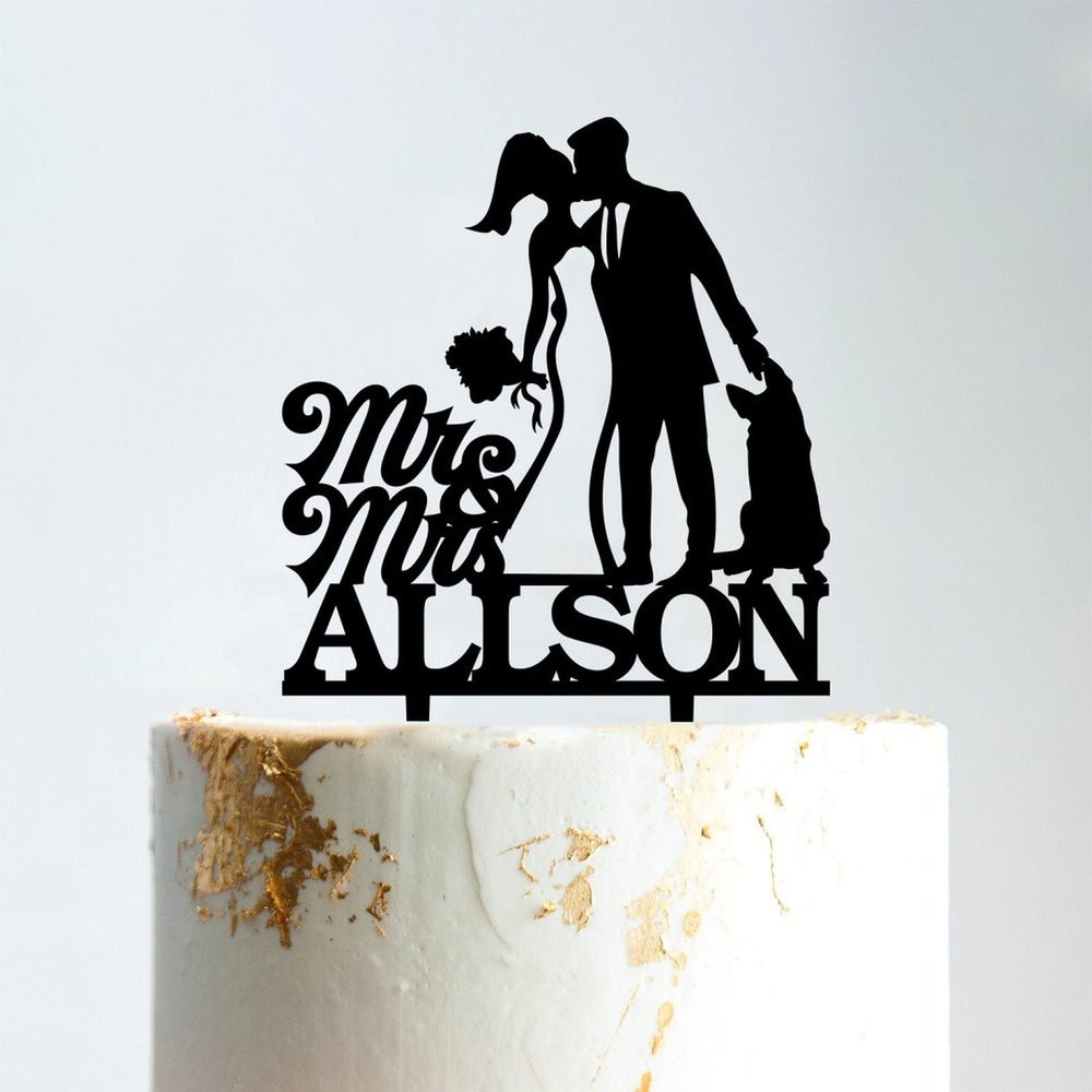 Custom Mr Mrs Cake Topper Bride And Groom with Pet Wedding Cake Topper Couple Silhouette Personalized Wedding Cake Topper Anniversary Baptism Cake Topper Black Acrylic, 6 Inch