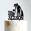 Custom Mr Mrs Cake Topper Bride And Groom with Pet Wedding Cake Topper Couple Silhouette Personalized Wedding Cake Topper Anniversary Baptism Cake Topper Black Acrylic, 6 Inch view 1