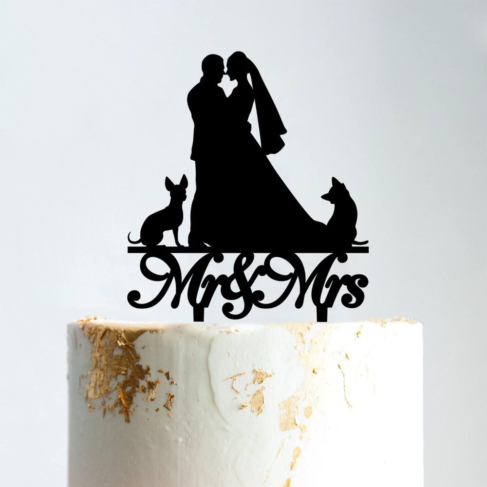 Mr And Mrs Wedding Cake Topper Bride And Groom with Pet Wedding Cake Topper Couple Silhouette Family Wedding Cake Topper Cake Topper Wedding Black Acrylic, 6 Inch