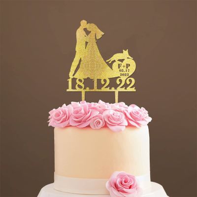 Mr And Mrs Wedding Cake Topper Bride And Groom with Pet Wedding Cake Topper Couple Silhouette Custom Initials Cake Topper Rustic Wedding Cake Topper Gold Glitter Wood, 6 Inch