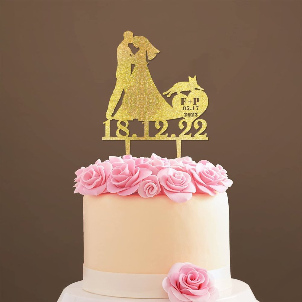 Mr And Mrs Wedding Cake Topper Bride And Groom with Pet Wedding Cake Topper Couple Silhouette Custom Initials Cake Topper Rustic Wedding Cake Topper Gold Glitter Wood, 6 Inch
