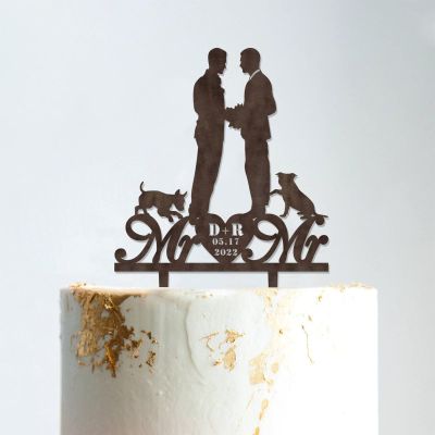 Wedding Cake Topper Gay Couple Silhouette with Pet Mr And Mr Wedding Cake Topper Custom Cake Topper Personalized Name Groom And Groom Same Sex Wedding Topper Funny Cake Toppers for Wedding Black, 6 I