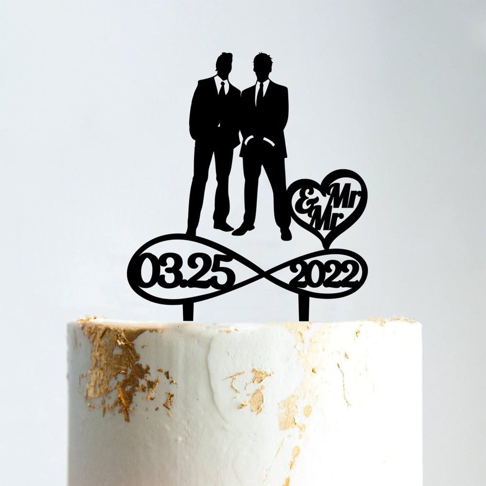 Gay Silhouette Wedding Cake Topper with Pet Mr And Mr Wedding Cake Topper Family Wedding Cake Topper Same Sex Wedding Cake Topper Funny Cake Toppers for Wedding Black Acrylic, 6 Inch