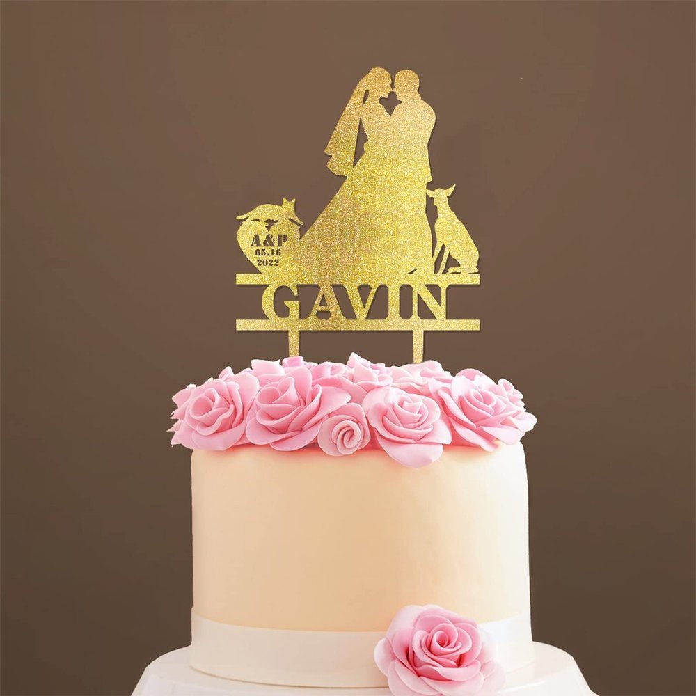 Wedding Mr & Mrs Cake Topper Bride And Groom with Pet Wedding Cake Topper Couple Silhouette Custom Cake Topper Funny Cake Toppers for Wedding Gold Glitter Wood, 6 Inch