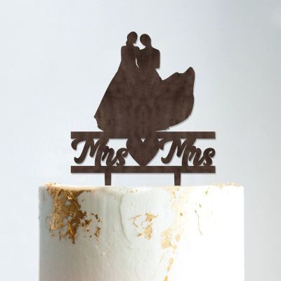 Lesbian Silhouette Wedding Cake Topper with Pet Mrs And Mrs Cake Topper Family Wedding Cake Topper Same Sex Marriage Cake Topper Funny Cake Toppers for Wedding Brown Wood, 6 Inch
