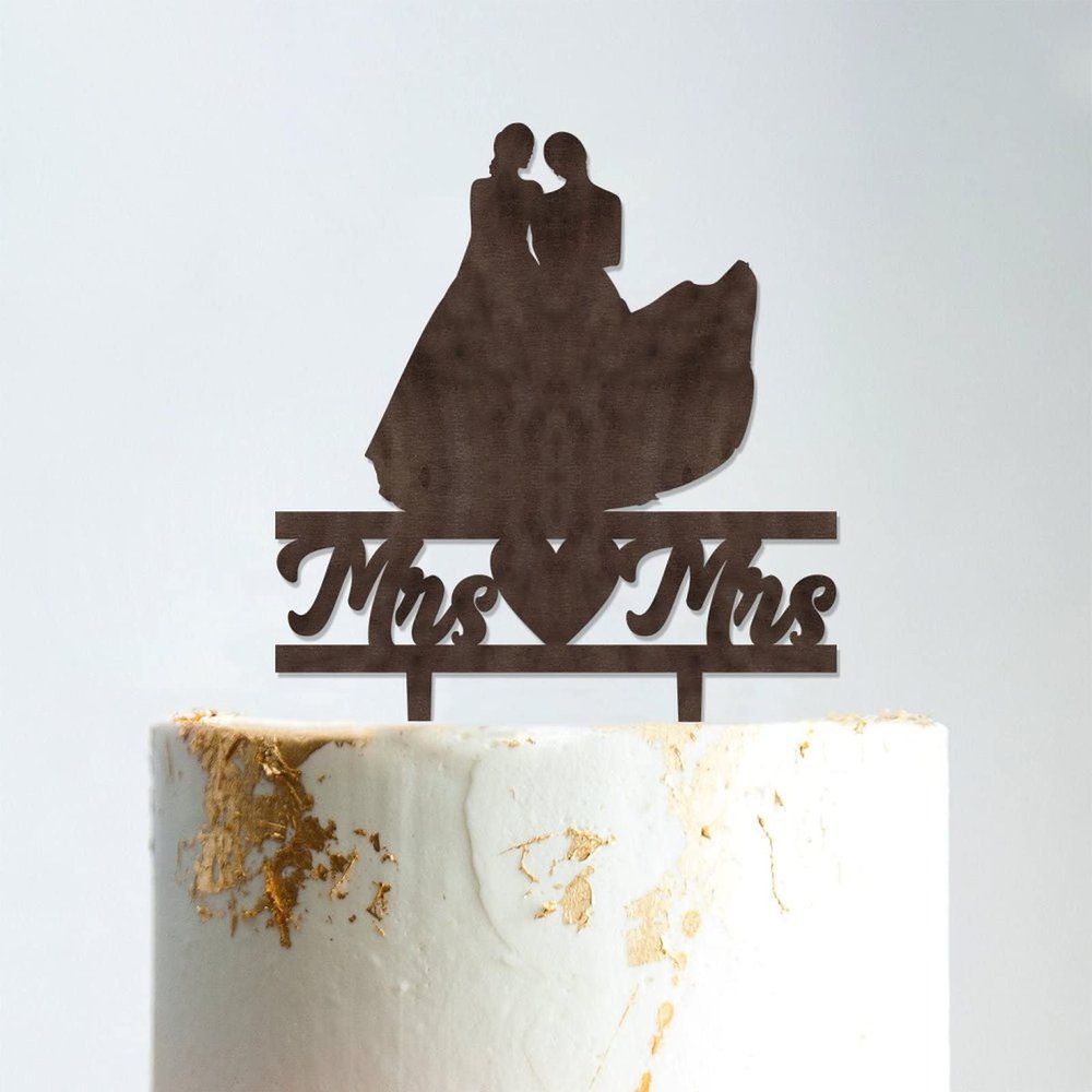 Lesbian Silhouette Wedding Cake Topper with Pet Mrs And Mrs Cake Topper Family Wedding Cake Topper Same Sex Marriage Cake Topper Funny Cake Toppers for Wedding Brown Wood, 6 Inch