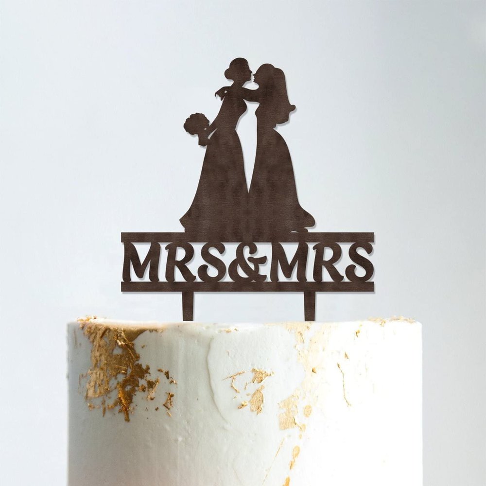 Lesbian Silhouette Cake Topper for Wedding with Pet Mrs And Mrs Wedding Cake Topper Custom Wedding Cake Topper Same Sex Wedding Cake Topper Anniversary Baptism Cake Topper Brown Wood, 6 Inch