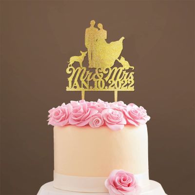 Mr And Mrs Cake Toppers for Wedding Bride And Groom with Pet Wedding Cake Topper Couple Silhouette Custom Initials Cake Topper Anniversary Cake Toppers Gold Glitter Wood, 6 Inch