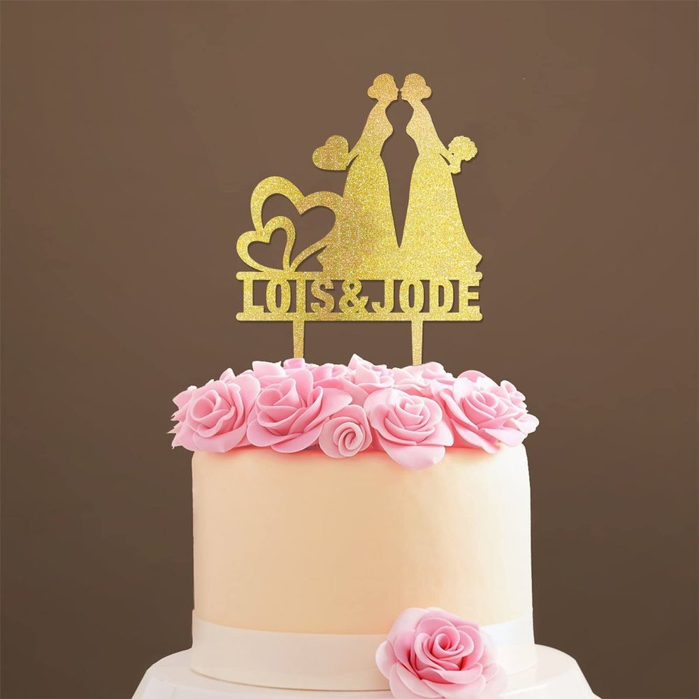 Lesbian Silhouette Wedding Cake Topper with Pet Mrs And Mrs Lesbian Wedding Cake Topper For Two Woman Personalized Wedding Cake Topper Wedding Cake Topper Script Cake Toppers Gold Glitter, 6 Inch