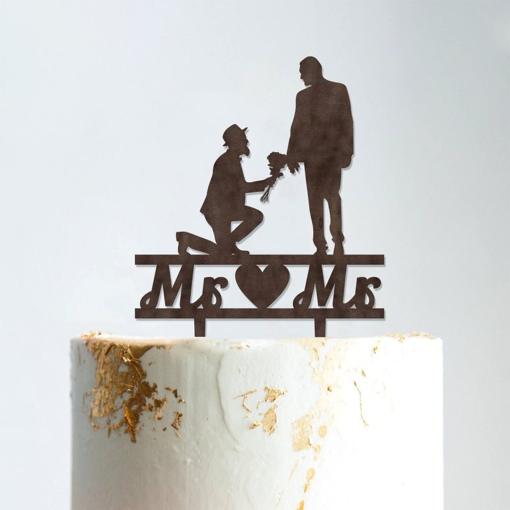 Gay Marriage Gay Couple Silhouette Cake Topper with Pet Mr & Mr Rustic Couple's Names Cake Topper Family Wedding Cake Topper Groom And Groom Same Sex Wedding Topper Brown Wood, 6 Inch