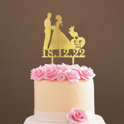 Mr & Mrs Monogram Bridal Shower Topper Bride And Groom with Pet Wedding Cake Topper Couple Silhouette Family Wedding Cake Topper Anniversary Baptism Cake Topper Gold Glitter Wood, 6 Inch