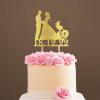 Mr & Mrs Monogram Bridal Shower Topper Bride And Groom with Pet Wedding Cake Topper Couple Silhouette Family Wedding Cake Topper Anniversary Baptism Cake Topper Gold Glitter Wood, 6 Inch view 1