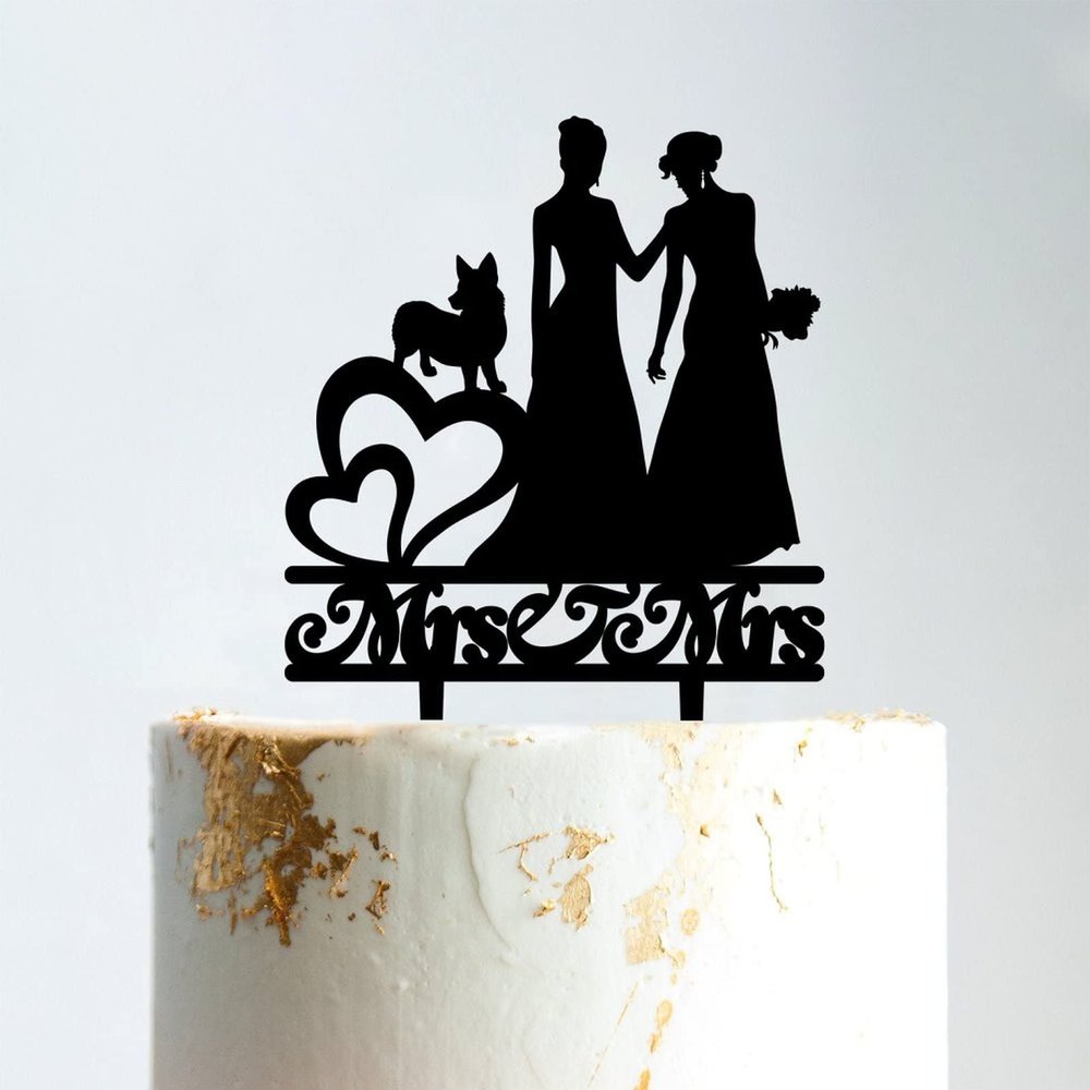 Lesbian Silhouette Wedding Cake Topper with Pet Rustic Mrs And Mrs Cake Topper Custom Wedding Cake Topper Bride and Bride Same Sex Wedding Topper Funny Cake Toppers for Wedding Black Acrylic, 6 Inch
