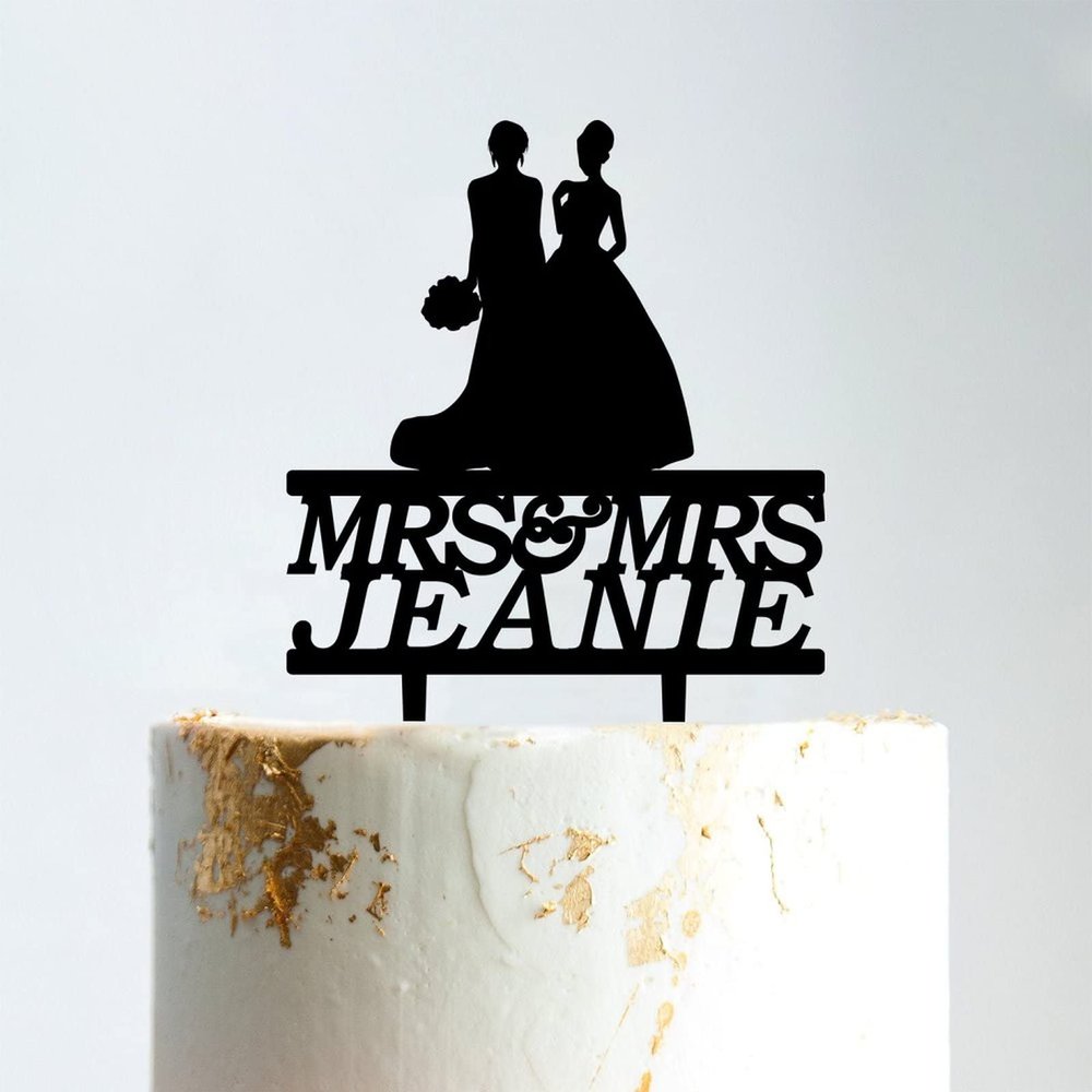 Wedding Lesbian Lesbian Couple Silhouette Cake Topper with Pet Mrs. & Mrs. Wedding Cake Topper Personalized Cake Topper Marriage Equality Cake Topper Cake Topper Wedding Black Acrylic, 6 Inch