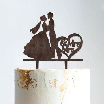Lesbian Silhouette Wedding Cake Topper with Pet Mrs And Mrs Cake Toppers for Wedding Family Wedding Cake Topper Two Names Topper Rustic Wedding Cake Topper Brown Wood, 6 Inch