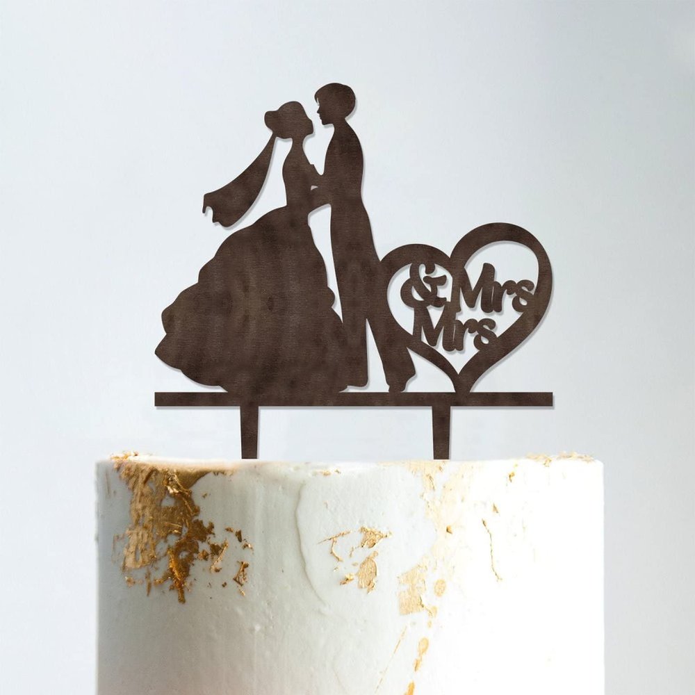 Lesbian Silhouette Wedding Cake Topper with Pet Mrs And Mrs Cake Toppers for Wedding Family Wedding Cake Topper Two Names Topper Rustic Wedding Cake Topper Brown Wood, 6 Inch