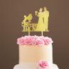 Rustic Mr And Mrs Cake Topper Bride And Groom with Pet Wedding Cake Topper Couple Silhouette Custom Initials Cake Topper Script Cake Toppers for Wedding Gold Glitter Wood, 6 Inch view 1