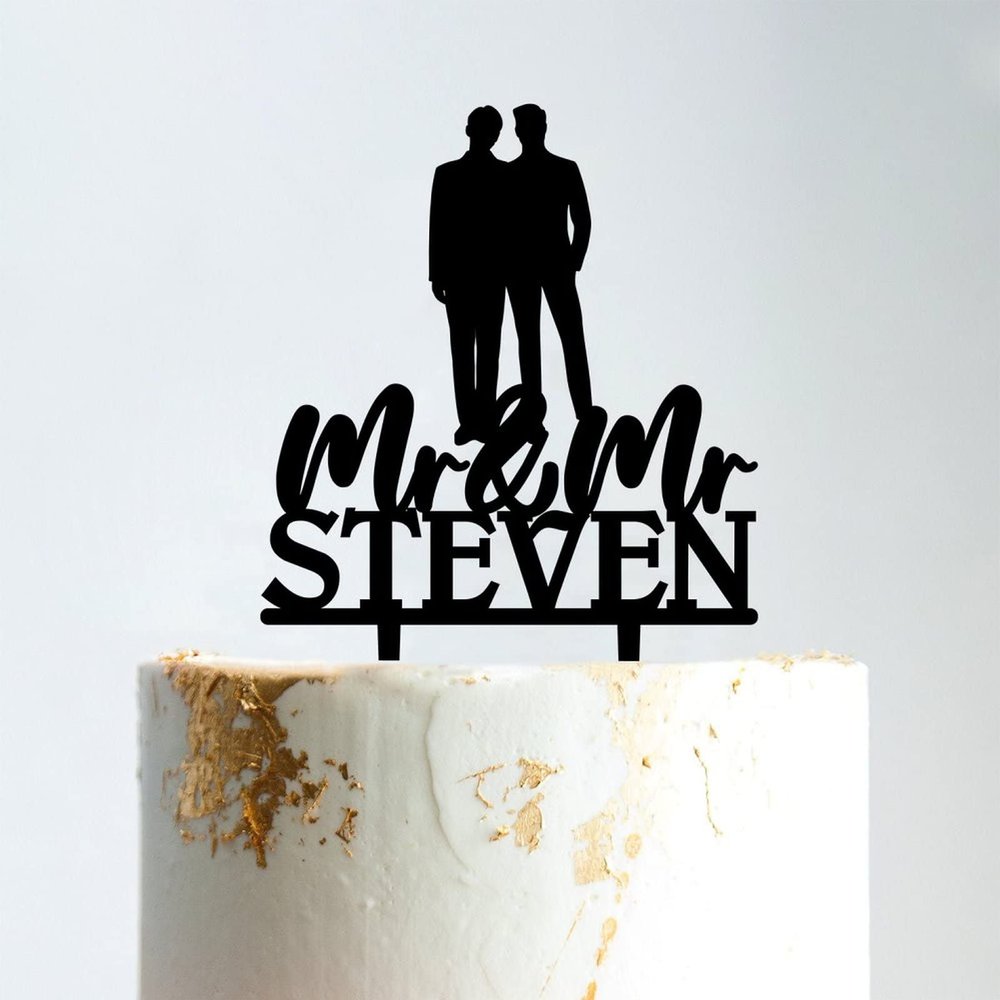 Wedding Cake Topper Gay Couple Silhouette with Pet Mr & Mr Rustic Wreath Couple's Names Cake Topper Personalized Wedding Cake Topper Wedding Cake Topper Anniversary Cake Toppers Black Acrylic, 6 Inch