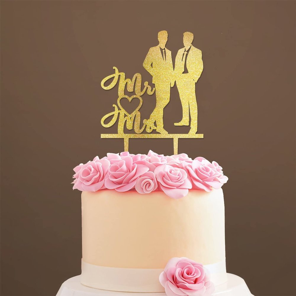 Gay Silhouette Wedding Cake Topper with Pet Mr & Mr Rustic Wreath Couple's Names Cake Topper Custom Wedding Cake Topper Groom And Groom Wedding Topper Rustic Wedding Cake Topper Gold Glitter, 6 Inch