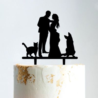 Mr & Mrs Rustic Wreath Couple's Names Cake Topper Bride And Groom with Pet Wedding Cake Topper Couple Silhouette Custom Initials Cake Topper Script Cake Toppers for Wedding Black Acrylic, 6 Inch