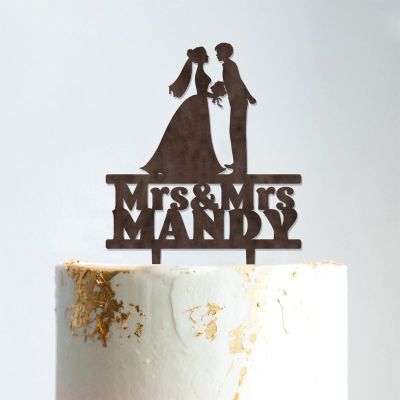 Lesbian Couple Silhouette Cake Topper with Pet Mrs & Mrs Rustic Wreath Couple's Names Cake Topper Personalized Wedding Cake Topper Two Names Topper Funny Cake Topper Brown Wood, 6 Inch