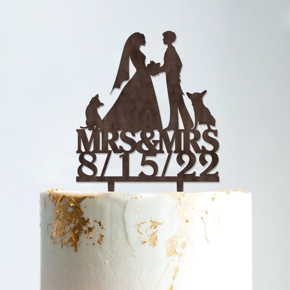 Two Brides Silhouette Wedding Cake Decor with Pet Mrs And Mrs Cake Topper Personalized Wedding Cake Topper Bride and Bride Same Sex Wedding Topper Rustic Wedding Cake Topper Brown Wood, 6 Inch