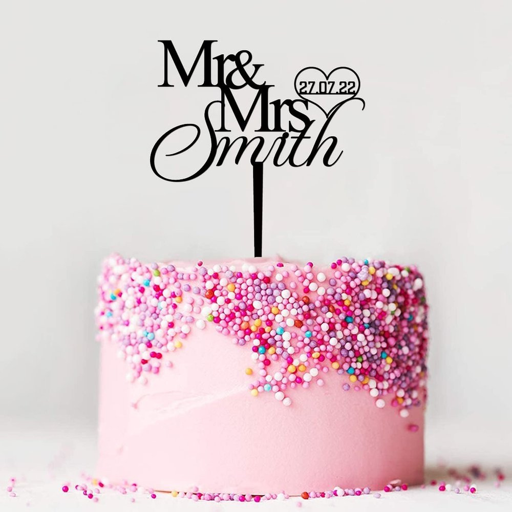 ENEDNATE Personalized Mr & Mrs Wedding Cake Topper Couple Silhouette Custom Last Name Established Date Black Wedding Cake Topper Celebration Wedding Engagement Party Decoration Supplies