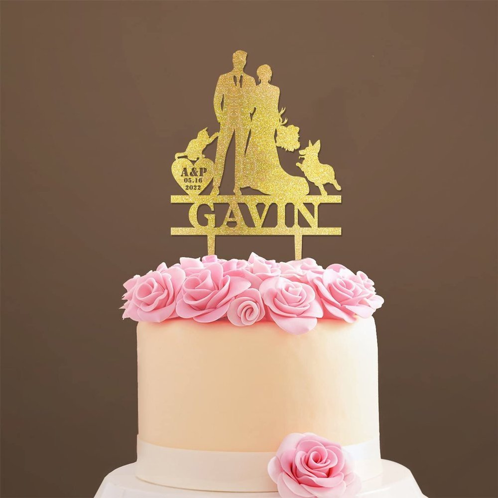 Custom Mr Mrs Cake Topper Bride And Groom with Pet Wedding Cake Topper Couple Silhouette Family Wedding Cake Topper Cake Topper Wedding Gold Glitter Wood, 6 Inch