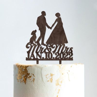 Mr And Mrs Wedding Cake Topper Bride And Groom with Pet Wedding Cake Topper Couple Silhouette Custom Cake Topper Personalized Name Rustic Wedding Cake Topper Brown Wood, 6 Inch