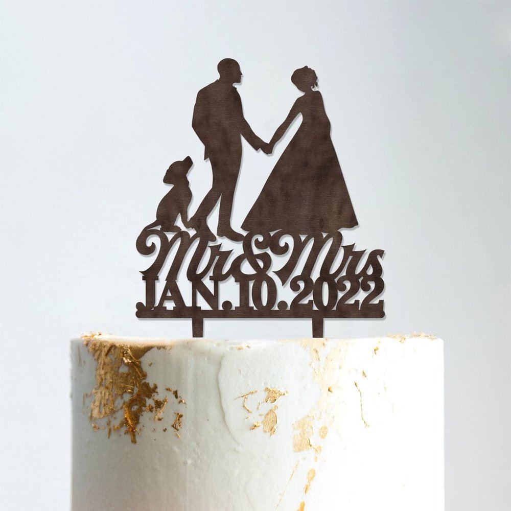 Mr And Mrs Wedding Cake Topper Bride And Groom with Pet Wedding Cake Topper Couple Silhouette Custom Cake Topper Personalized Name Rustic Wedding Cake Topper Brown Wood, 6 Inch