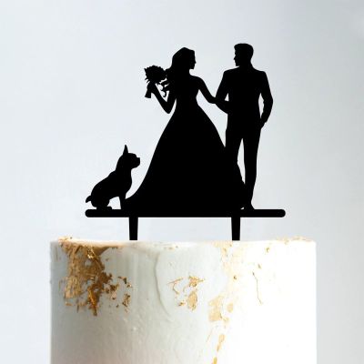 Rustic Mr And Mrs Cake Topper Bride And Groom with Pet Wedding Cake Topper Couple Silhouette Personalized Cake Topper Anniversary Baptism Cake Topper Black Acrylic, 6 Inch