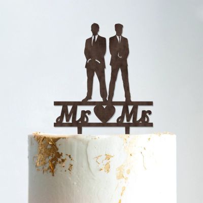 Love Gay Silhouette Cake Topper with Pet Wedding Mr & Mr Cake Topper Family Wedding Cake Topper Two Names Topper Anniversary Baptism Cake Topper Brown Wood, 6 Inch