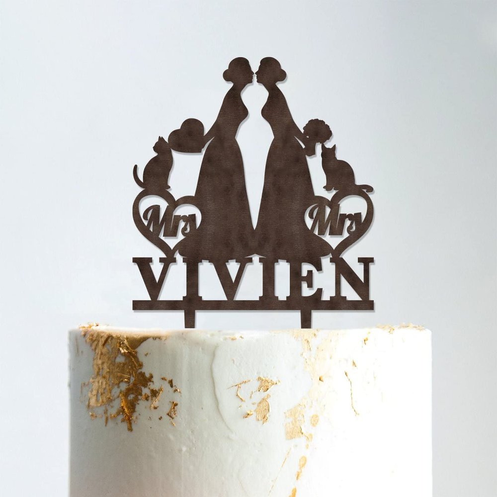 Lesbian Silhouette Cake Topper for Wedding with Pet Mrs And Mrs Cake Topper Personalized Wedding Cake Topper Two Names Topper Funny Cake Toppers for Wedding Brown Wood, 6 Inch