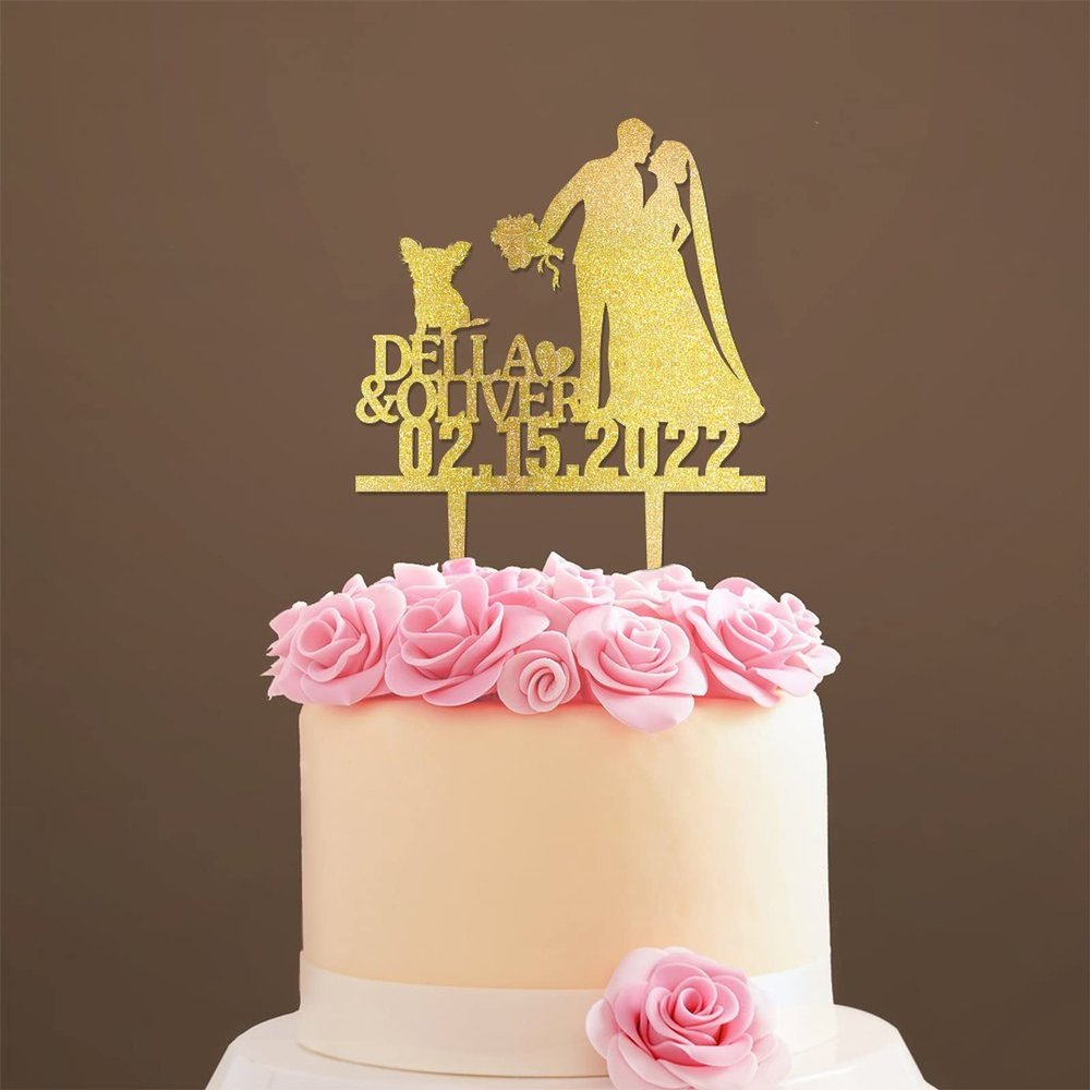 Custom Mr Mrs Cake Topper Bride And Groom with Pet Wedding Cake Topper Couple Silhouette Personalized Wedding Cake Topper Funny Cake Toppers for Wedding Gold Glitter Wood, 6 Inch