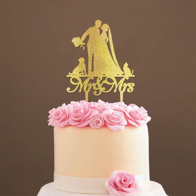 Personalized Mr And Mrs Cake Topper Bride And Groom with Pet Wedding Cake Topper Couple Silhouette Family Wedding Cake Topper Funny Cake Toppers for Wedding Gold Glitter Wood, 6 Inch