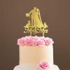 Personalized Mr And Mrs Cake Topper Bride And Groom with Pet Wedding Cake Topper Couple Silhouette Family Wedding Cake Topper Funny Cake Toppers for Wedding Gold Glitter Wood, 6 Inch view 1