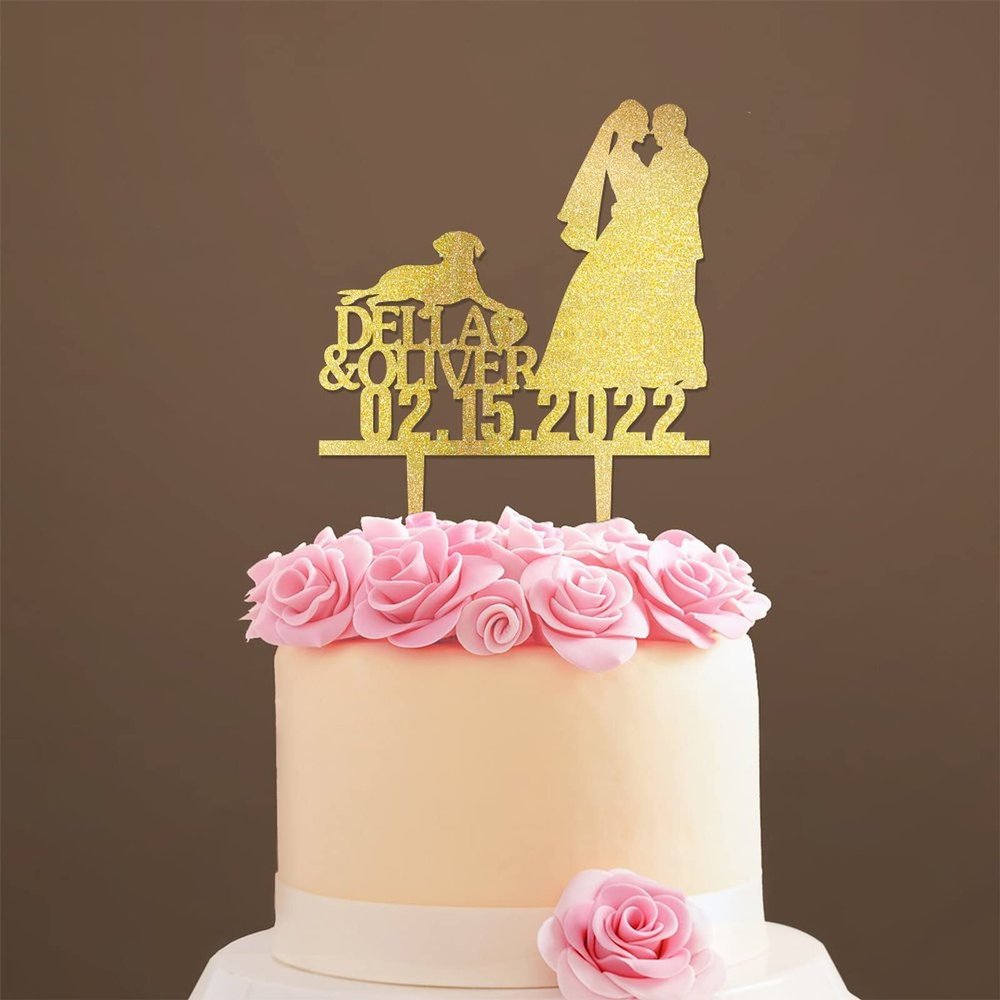 Mr And Mrs Engagement Cake Topper Bride And Groom with Pet Wedding Cake Topper Couple Silhouette Personalized Cake Topper Cake Topper Wedding Gold Glitter Wood, 6 Inch