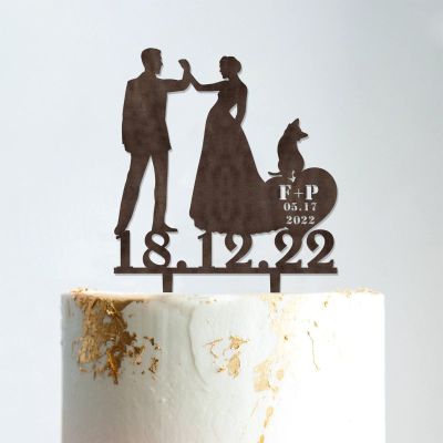 Custom Mr Mrs Cake Topper Bride And Groom with Pet Wedding Cake Topper Couple Silhouette Custom Wedding Cake Topper Rustic Wedding Cake Topper Brown Wood, 6 Inch