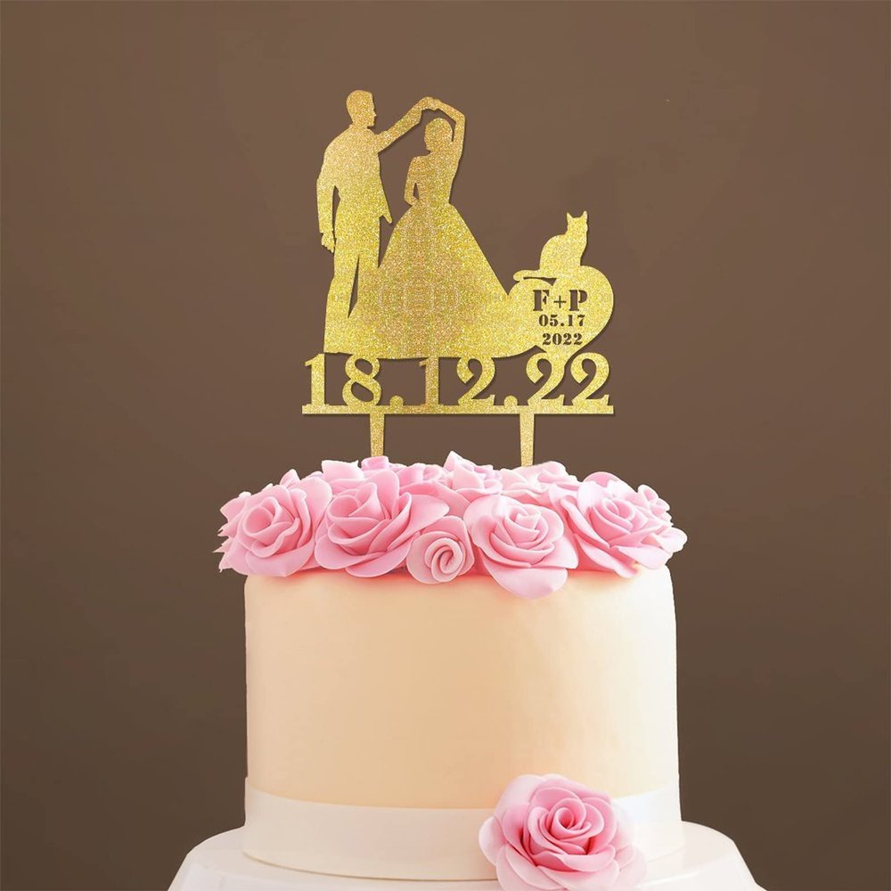 Custom Mr Mrs Cake Topper Bride And Groom with Pet Wedding Cake Topper Couple Silhouette Custom Wedding Cake Topper Anniversary Cake Toppers Gold Glitter Wood, 6 Inch
