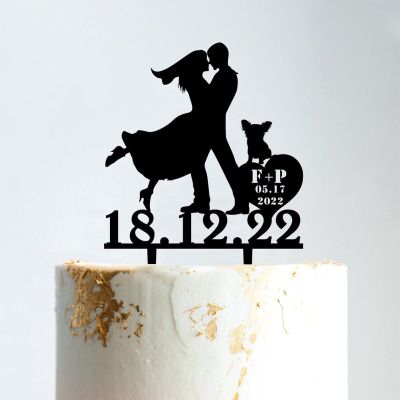 Mr & Mrs Wedding Cake Topper Bride And Groom with Pet Wedding Cake Topper Couple Silhouette Custom Cake Topper Anniversary Baptism Cake Topper Black Acrylic, 6 Inch