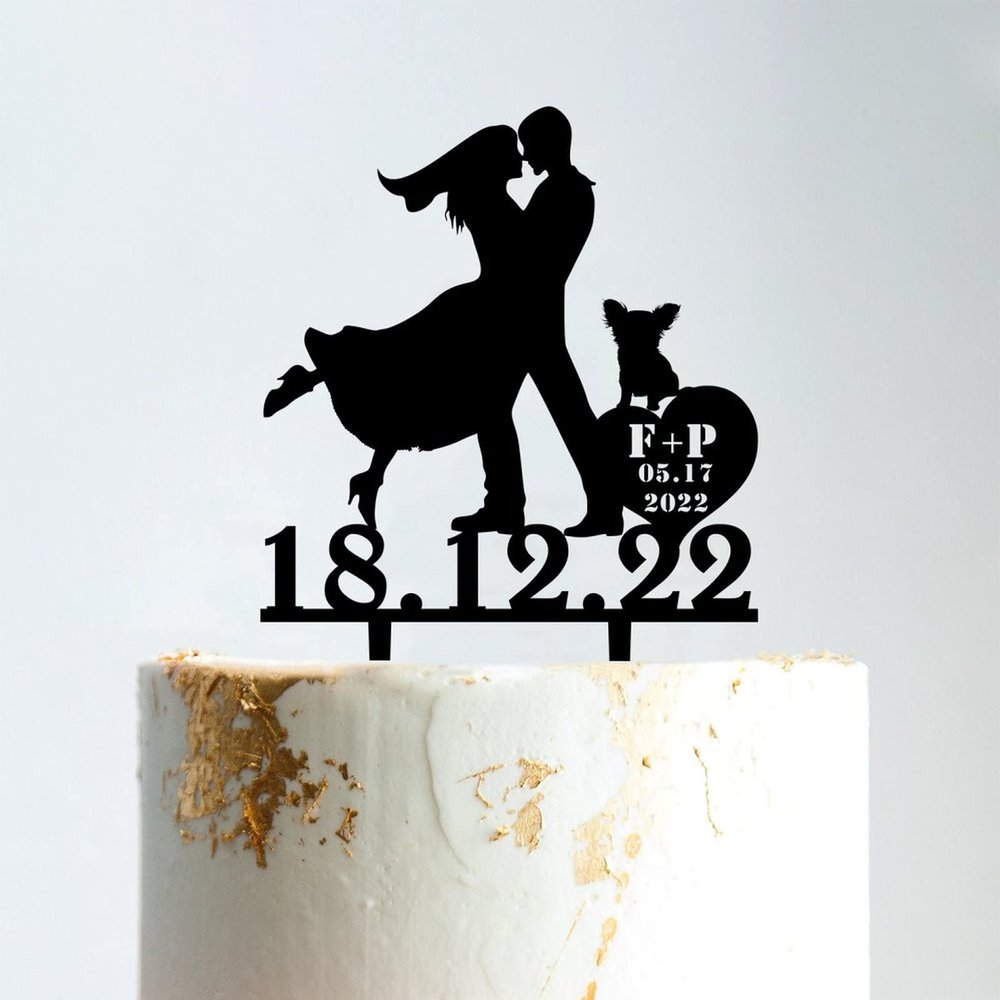 Mr & Mrs Wedding Cake Topper Bride And Groom with Pet Wedding Cake Topper Couple Silhouette Custom Cake Topper Anniversary Baptism Cake Topper Black Acrylic, 6 Inch