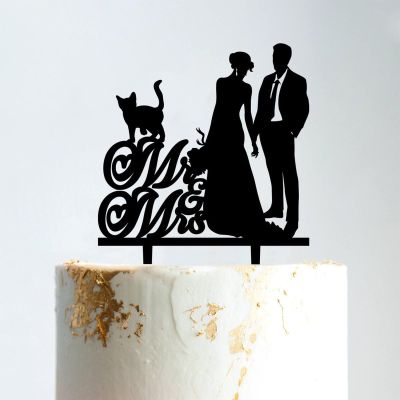 Mr & Mrs Rustic Wreath Couple's Names Cake Topper Bride And Groom with Pet Wedding Cake Topper Couple Silhouette Family Wedding Cake Topper Anniversary Baptism Cake Topper Black Acrylic, 6 Inch
