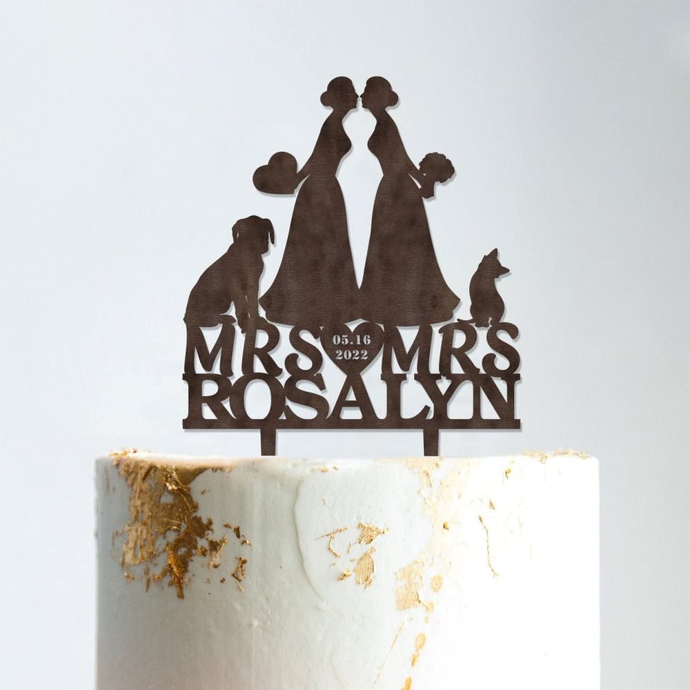 Lesbian Silhouette Wedding Cake Topper with Date with Pet Mrs And Mrs Wedding Cake Topper Personalized Wedding Cake Topper Bride and Bride Same Sex Wedding Topper Black, 6 I