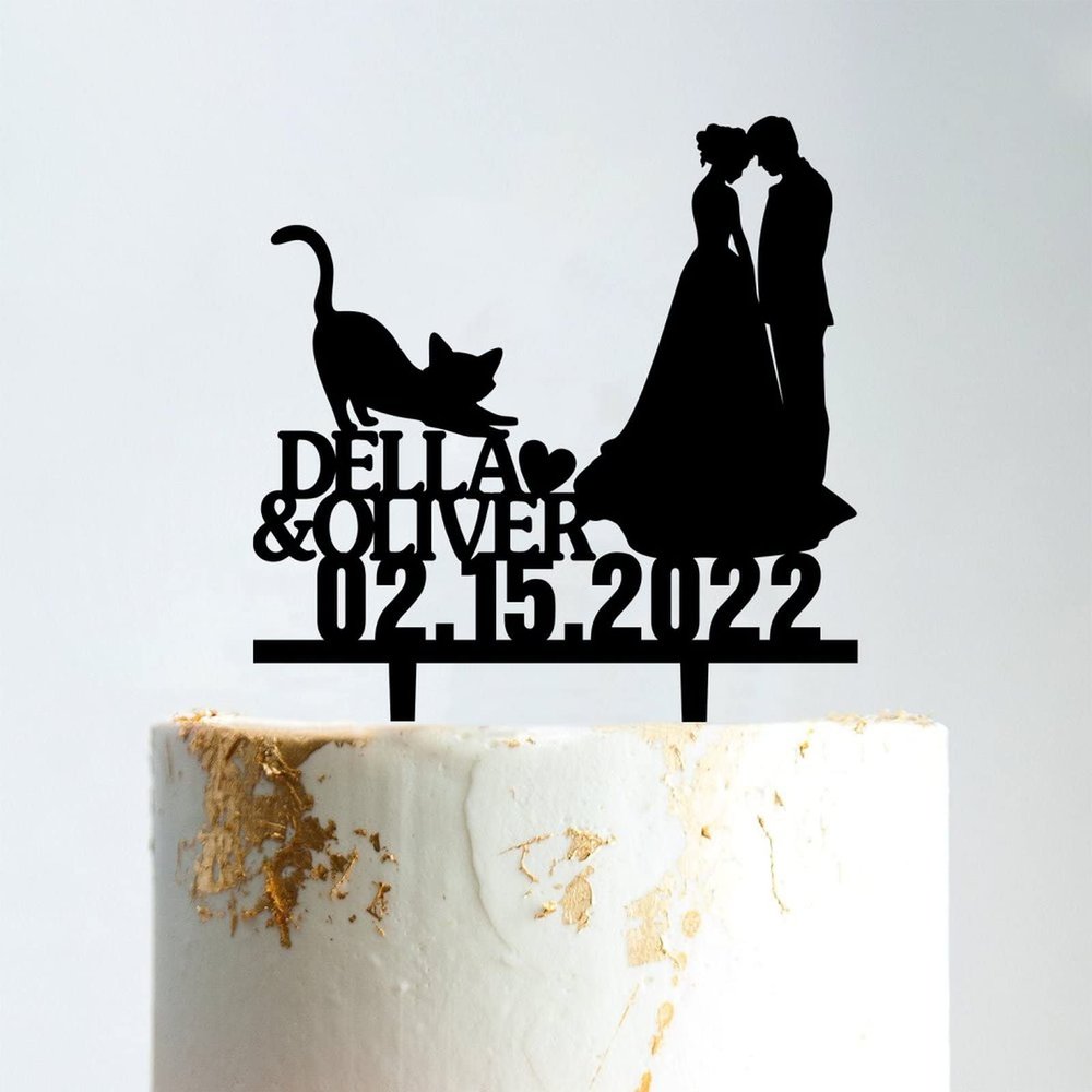 Mr And Mrs Cake Topper Bride And Groom with Pet Wedding Cake Topper Couple Silhouette Custom Wedding Cake Topper Anniversary Baptism Cake Topper Black Acrylic, 6 Inch