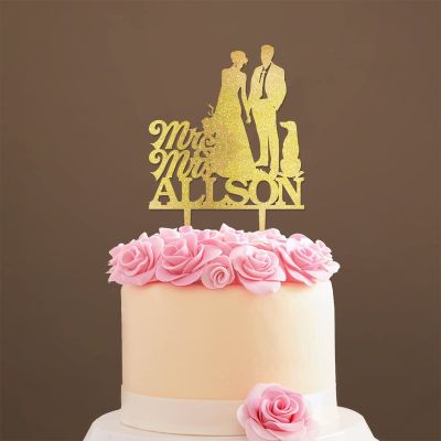 Custom Mr Mrs Cake Topper Bride And Groom with Pet Wedding Cake Topper Couple Silhouette Custom Wedding Cake Topper Anniversary Baptism Cake Topper Gold Glitter Wood, 6 Inch